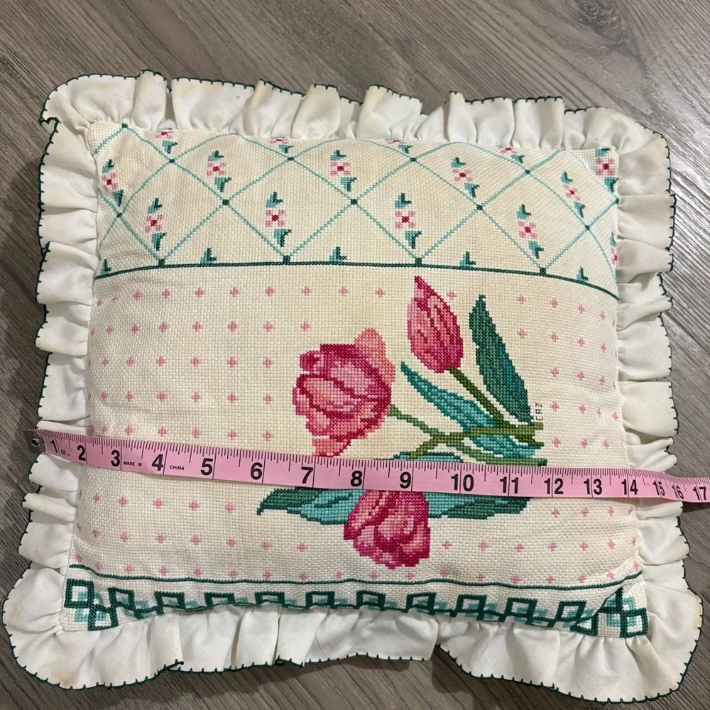 Vtg‎ Floral Cross-Stitch Needlepoint Tapestry Pillow Easter 15x16 Cottagecore